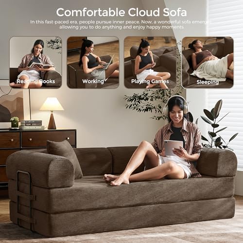 79" Convertible Futon Sofa Bed, Couch for Living Room | Brown | Folding Corduroy Sleeper Sofa, Modular Futon Couch with Fixed-Shape Frame, Pull Out Couch No Assembly