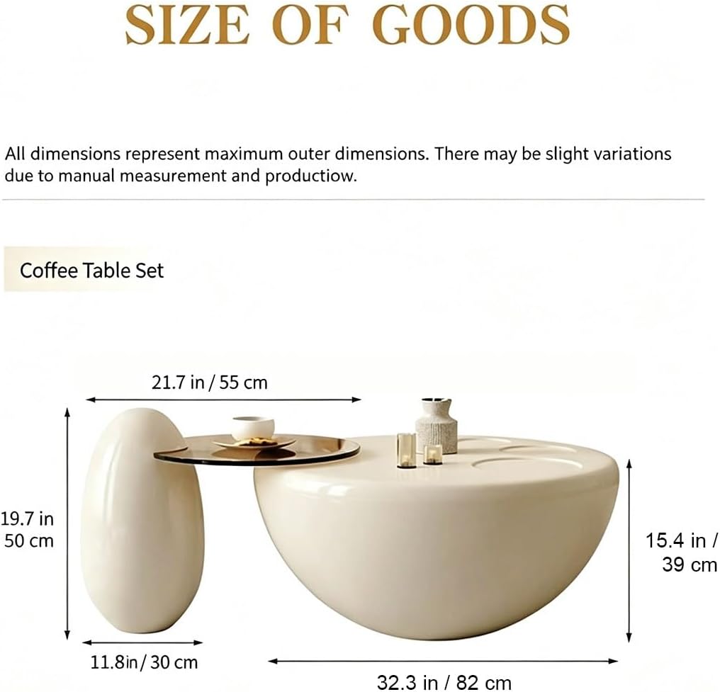Round Nesting Coffee Table Set, FRP Gloss Lacquer Living Room Center Table | Cream Style Accent Table with Smoked Tempered Glass Tray, Fully Rounded Edge Low Profile Table for Modern Minimalist Home