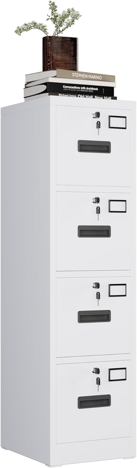 Garvee 4-Drawer White Metal File Cabinet with Individual Locks, Heavy-Duty Steel Vertical Filing Cabinet for A4, Letter & Legal Size Documents, Locking Storage Cabinet for Home Office & School