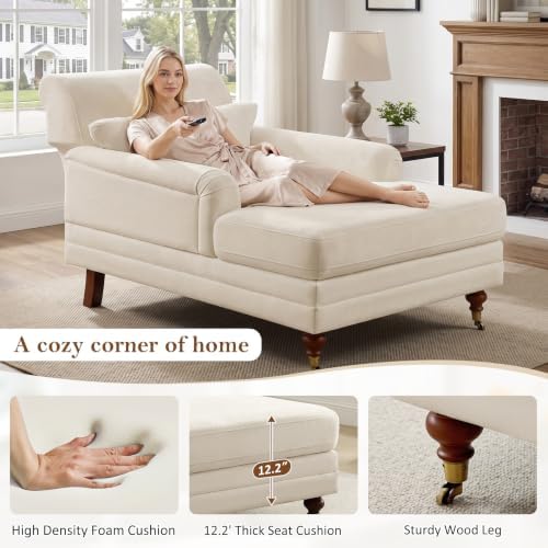 VANOMi 59.45'' Chaise Lounge Chair with Adjustable Backrest, Chenille Beige | Chaise Lounge Chair Indoor, Modern Chaise Lounge Couch, Upholstered Leisure Recliner for Living Room, Apartment, Bedroom
