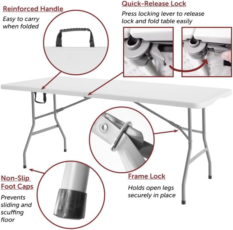 Romig Trestle 5 ft Folding Table, Blow Mold Plastic Top, Fold-in-Half with Carry Handle, Heavy-Duty Steel Frame, 60 x 29 x 29, White