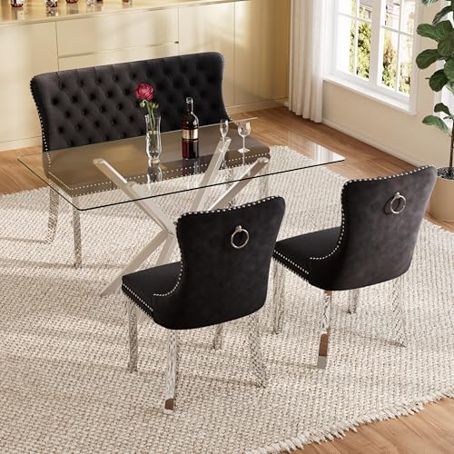 yeag Modern Rectangular Glass Dining Table Set, 47" Clear Tempered Glass Kitchen Table with Silver Metal Legs & 2 Black Velvet High-end Tufted Chairs with 1 Bench for Home, Dining Room, Apartment