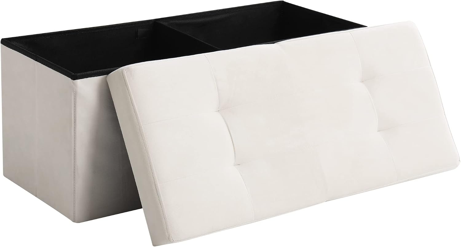 Storage Ottoman Bench Foldable Seat Footrest Shoe Bench End of Bed Storage with Flipping Lid, 75L Storage Space, 30 inches Velvet Cream