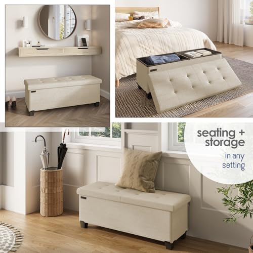 Storage Ottoman Bench with Bins, 43-in Storage Bench for Bedroom End of Bed, Folding Foot Rest Ottoman for Living Room Max 660lbs, Fabric Ottomans, Beige