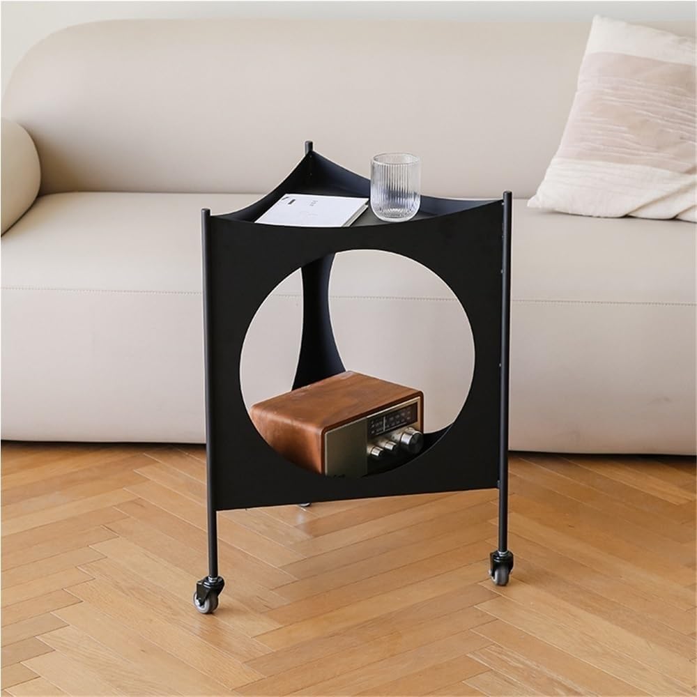 Metal Triangle Side Table with Wheels Movable 2-Tier End Table Modern Coffee Table & Corner Storage Table for Living Room Practical