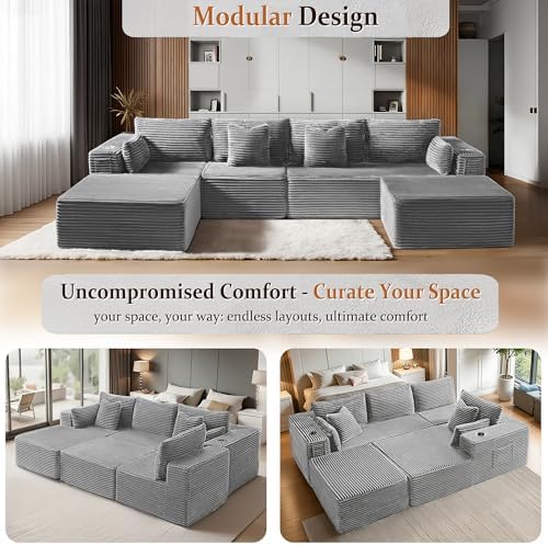 138" Oversized Cloud Sectional Couch, Comfort U Shaped Couch for Living Room, Extra Deep Seats No Assembly, Modular Sofa, Corduroy (Light Grey, 3 Seater+Right Facing Chaise+Ottoman)