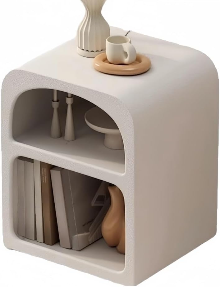 Modern Side Table, Creative Decorative Side Table, Nightstand with 2 Layers of Open Storage, Half-Moon Bedside Table for Bedroom, Office, Living Room, Apartment(Small)