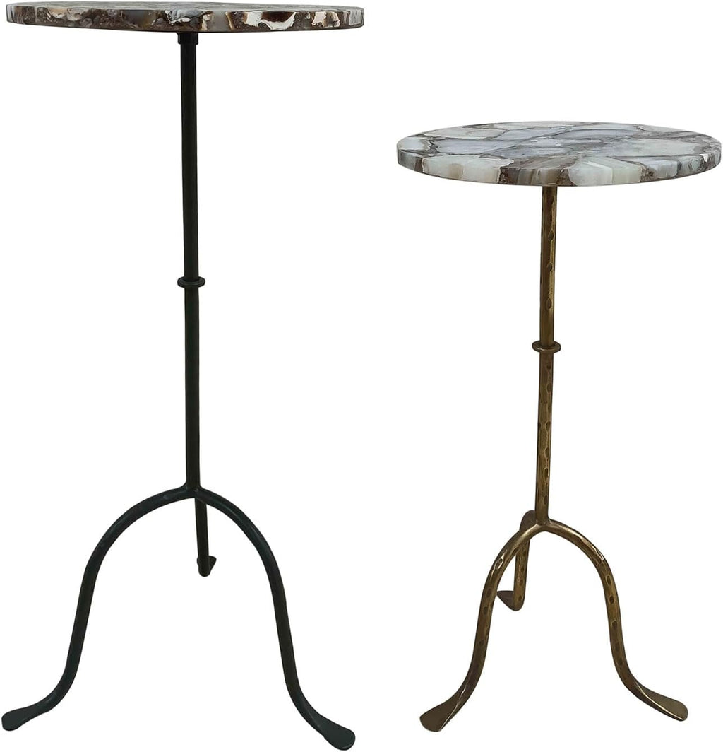 East at Main Agate Stone Cocktail and Martini Tables Set of 2 – Handcrafted Accent Tables with Polished Agate Tops, Side Tables for Living Room, Matte Black and Antique Brass Bases, 11” and 10” Sizes
