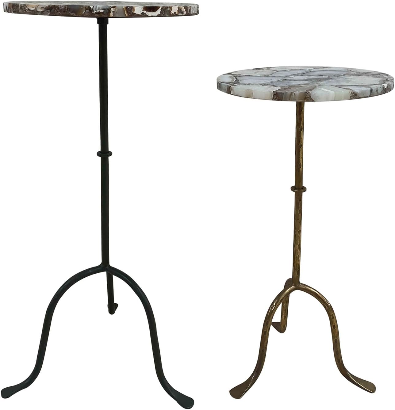East at Main Agate Stone Cocktail and Martini Tables Set of 2 – Handcrafted Accent Tables with Polished Agate Tops, Side Tables for Living Room, Matte Black and Antique Brass Bases, 11” and 10” Sizes