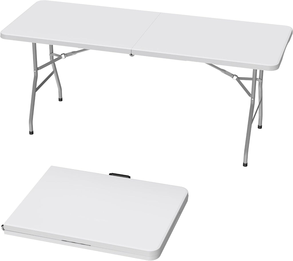 6ft Folding Table, Plastic Portable Table for Outdoor & Indoor, Heavy Duty Camping Table with Carrying Handle, Lightweight for Picnic, BBQ, Party, Garage (Grey)