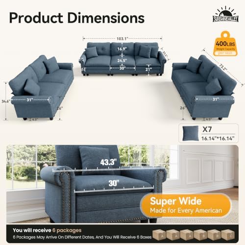 SUNSHINE VALLEY Modular Sectional Sofa and Loveseat Set Living Room 3-Piece | Mid-Century Modern 7-Seater Cloud Couch Set, Blue, Rolled Arms & Nailhead Trim, Wider & Deeper Seats, Linen Furniture Set