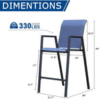 Outdoor Bar Stools Set of 2, 44'' Patio Bar Chairs with Textile High Back, Bar Height Chairs with Straight Armrest and Footrest, Blue