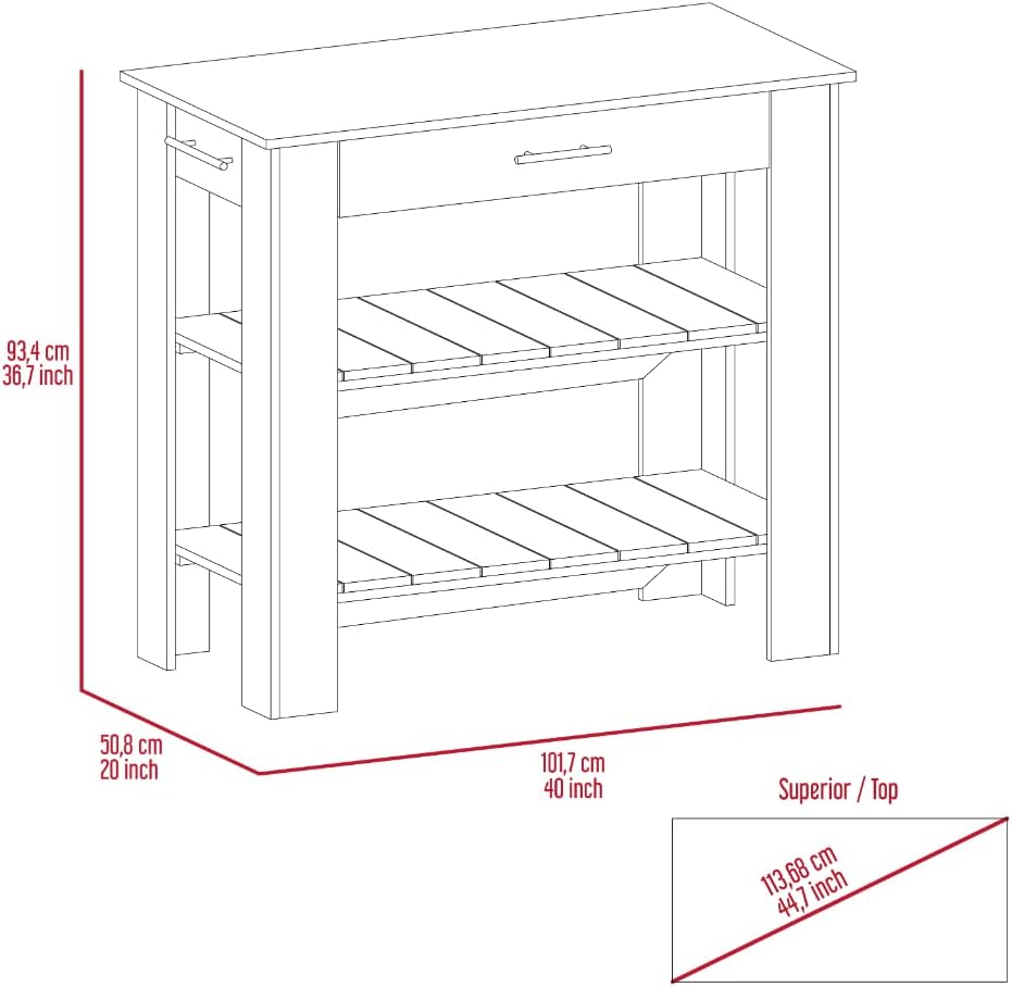 Kitchen Island 40 with Two Shelves One Drawer Four Legs | Includes two open shelves and one drawer for organized storage