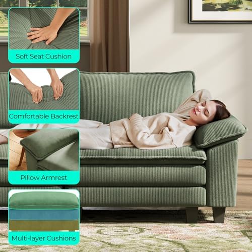 LINSY HOME 123'' Modular Sectional Sofa 3 Seat Couch Corduroy Cloud Couch with Deep Seat, Modern L-Shaped Cloud Couch with 1 Movable Ottoman for Living Room, Office, Bedroom, Green
