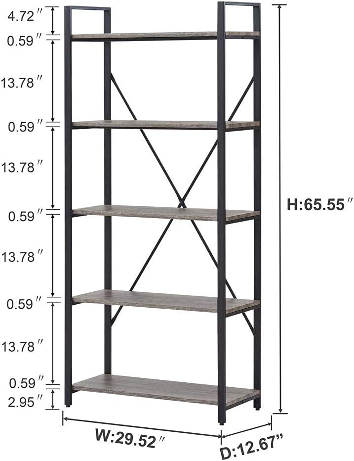 Industrial Bookshelf, Etagere Bookcases and Book Shelf 5 Tier Shelves, Grey Wood and Metal Shelving Unit (Dark Gray Oak)