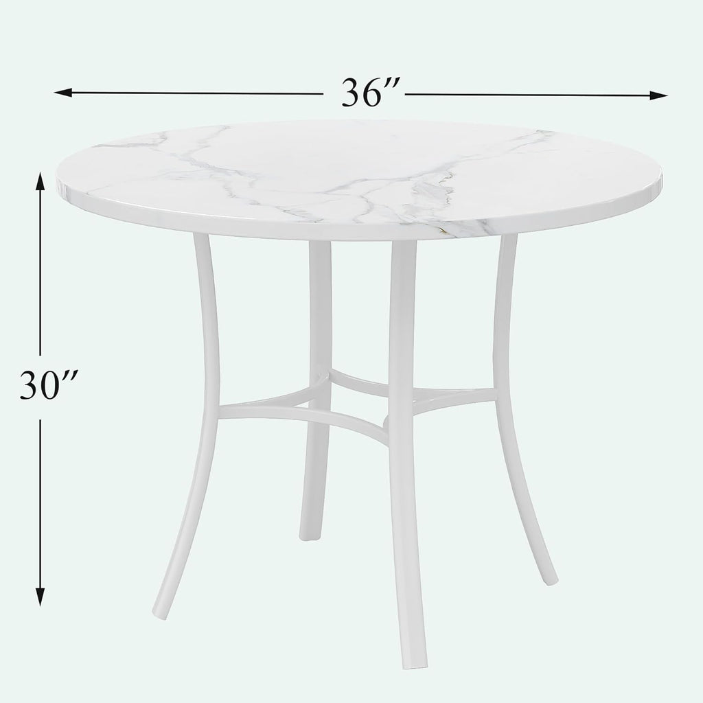VECELO 36" Round Dining Table for 4, Faux Marble Dinette with Metal Frame for Kitchen, Apartment, Home, Space-Saving, White