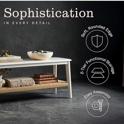Alaterre Furniture Calais 48 Inch Solid Wood Entryway Bench with Woven Storage Shelf – Mid Century Modern 2-Tier Shoe Bench for Living Room, Hallway or Foyer (White)