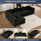 DAMAIFROM Convertible Sleeper Sofa Bed Floor Couch, Black | 158" Corduroy Modular Compressed Futon Sofa Bed, Pull-Out Cloud Sectional Couch with Memory Foam Mattress for Living Room