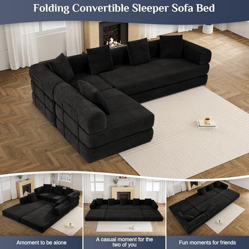 DAMAIFROM Convertible Sleeper Sofa Bed Floor Couch, Black | 158" Corduroy Modular Compressed Futon Sofa Bed, Pull-Out Cloud Sectional Couch with Memory Foam Mattress for Living Room