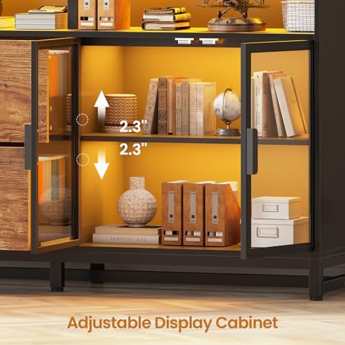 SEDETA 59" Filing Cabinet with Lock Drawers fits Legal Size for Home Office | Rustic Brown Lateral 2 Drawers File Cabinet with Acrylic Display Cabinet, Power Strip, Printer Stand with Storage Shelves