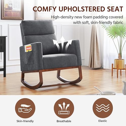 Yaheetech 28in Wide Padded High Back Glider Rocking Chair, Gray Polyester | High Back Nursing Chair with Side Pockets, Thick Foam Glider Chair, Rubberwood Base, Leisure Rocker for Living Room Bedroom