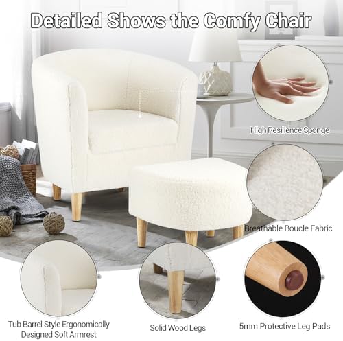 DAZONE Sherpa Accent Chair with Ottoman White Fluffy Teddy Barrel Armchair | Small Side Chair for Living Room, Bedroom, Reading Corner, Footrest, Boucle Corner Armchair, Solid Wood Legs, Soft Cushion