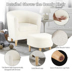 DAZONE Sherpa Accent Chair with Ottoman White Fluffy Teddy Barrel Armchair | Small Side Chair for Living Room, Bedroom, Reading Corner, Footrest, Boucle Corner Armchair, Solid Wood Legs, Soft Cushion