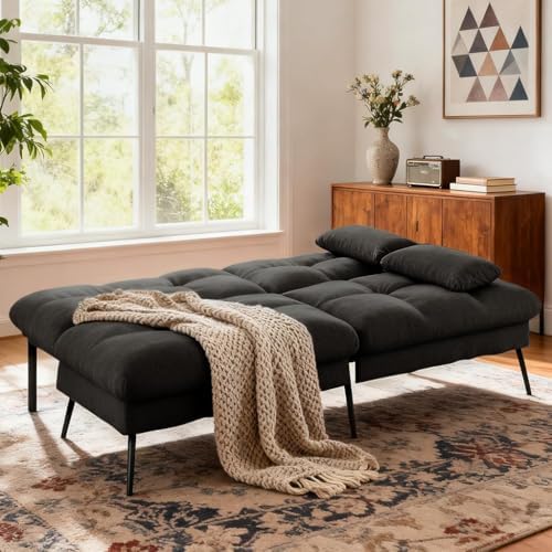 COMHOMA 72″ Convertible Futon Sofa Bed, Adjustable Backrest, Black | Breathable Fabric Futon Couch with Pillows,Multi-angle Ergonomic Reclining,Space-saving Sleeper Sofa for Living Room
