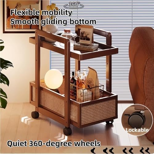 Modern 2-Tier Bamboo Rolling Side Table with Rattan, Stylish Coffee Table on Wheels, Versatile End Table for Living Room & Office, Durable & Chic Design