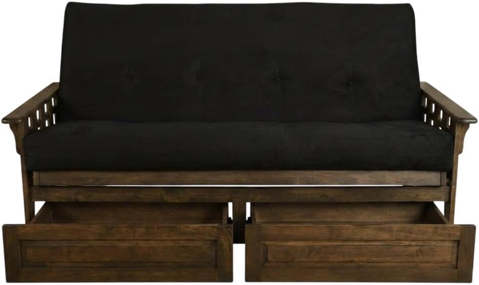 Kodiak Furniture Tucson Full Futon Set in Rustic Walnut Finish with Storage Drawers, Suede Black