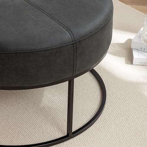 Modern Round Coffee Table, Farmhouse Ottoman for Living Room, Large Vintage Faux Leather Coffee Tables with Leather Upholstered Padded Seat [Round, Vintage Black, 30'']
