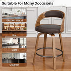 REONEY Swivel Bar Stools Set of 3, 26" Counter Height, Brown | Walnut Wood Legs, Upholstered Seat, Supportive Backrest, Mid-Century Modern, PU Leather, for Kitchen Island, Bar, Coffee Shop