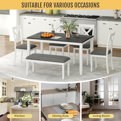 Zevemomo 6-Piece Solid Wood Dining Table Set, Wooden Legs, White | Including 1 Dining Table, 4 Upholstered Chairs and 1 Bench, Wooden Legs Dining Table Set for Dining Room, Kitchen, Restaurant