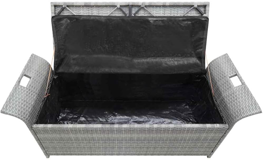 Poly Rattan Patio Storage Bench with Cushion, 54.3" Waterproof PE Outdoor Bench with Large Storage Space and Removable Polyester Cover, Gray