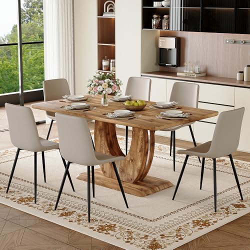 Modern Dining Table Set for 6, 63" Wood Kitchen Table with 6 PU Leather Upholstered Chairs, Farmhouse Style with 1.8" Thick Top and U-Shape Legs, 7 Piece Dining Room Set for Apartment or Kitchen