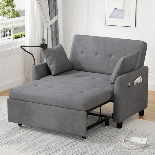 3 in 1 Convertible Pull Out Sleeper Couch Sofa Bed, Grey | Small Sleeper Sofa with Pillow, Adjustable Backrest Futon loveseat, Velvet Love Seat and Phone Holder for Living Room