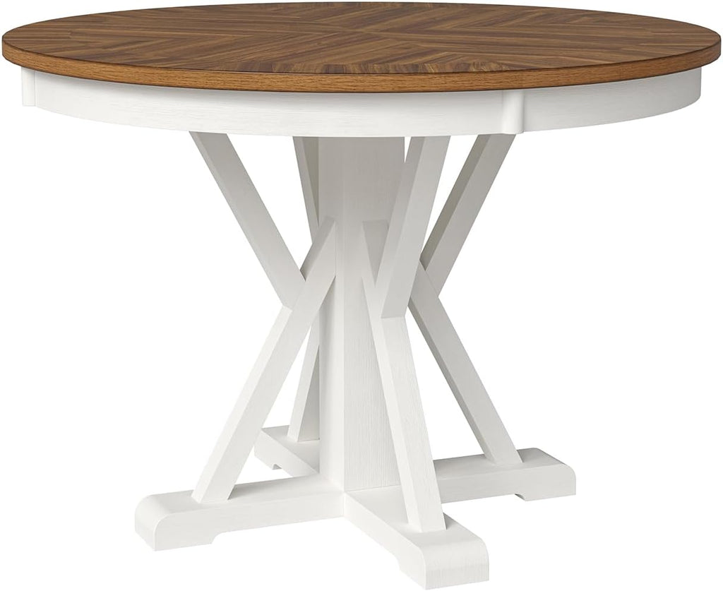 HULALA HOME Round Dining Table for 4, 42" Rustic Farmhouse Pedestal Table with White Brushed Finish, Solid Rubberwood Base(White)