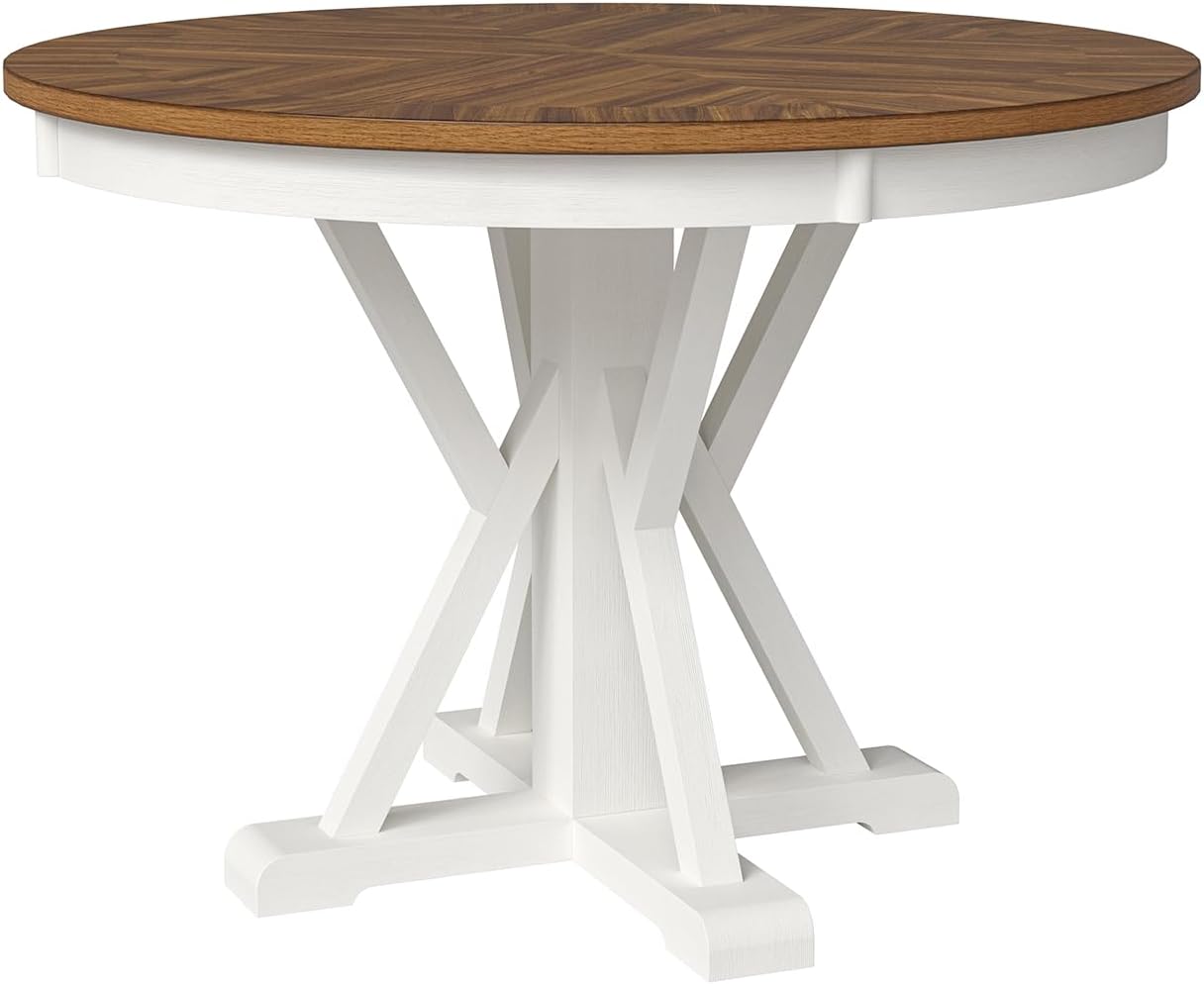 HULALA HOME Round Dining Table for 4, 42" Rustic Farmhouse Pedestal Table with White Brushed Finish, Solid Rubberwood Base(White)