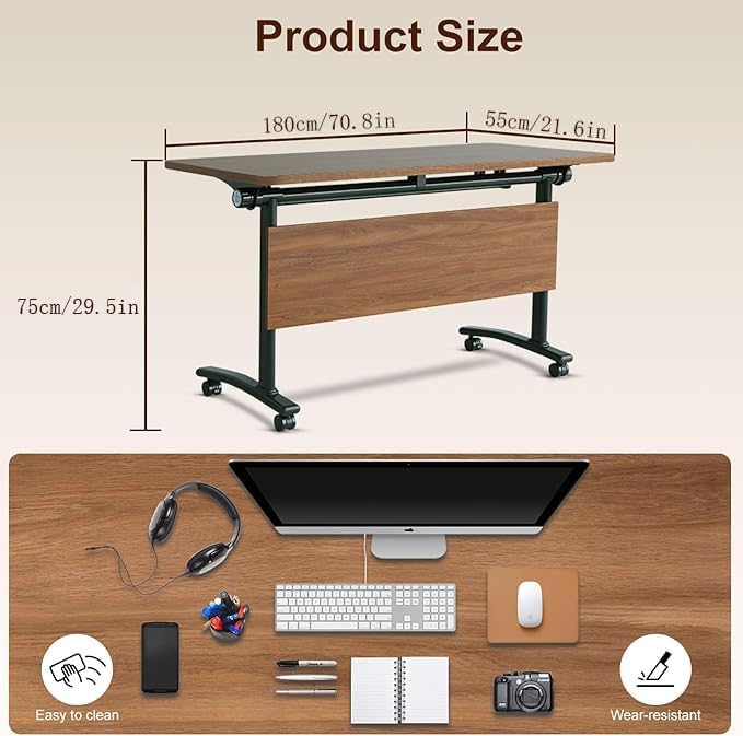 2 Pack Folding Conference Room Tables with Wheel -Modern Large Modular Conference Table,Stackable Flip Top Training Meeting Table,Space Saving,for Seminar,Office,Classroom(Walunt B,71IN,2pack)