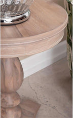 Pemberly Row Round Wood Side Table, 20" D x 24.5" H, Natural Brown Finish, Pedestal Base, Acacia/Rubberwood/MDF Construction, Accent Table for Living Room or Bedroom Use