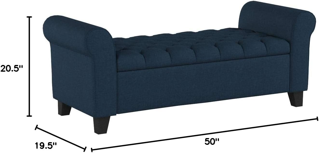‎GDF Studio Keiko Fabric Armed Storage Bench, Dark Blue, Dimensions: 19.75”D x 50.00”W x 20.5”H