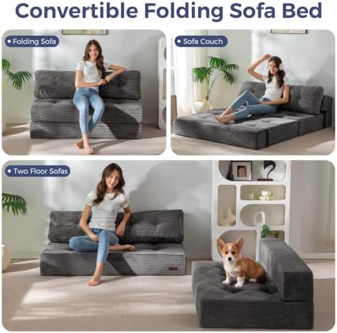 MAXYOYO Folding Sofa Bed, Convertible Chair Bed with Pillow | Portable 4 in 1 Fold Out Chair to Floor Bed, Versatile Floor Sofa Couch for Living Room Bedroom, Dark Grey, Double