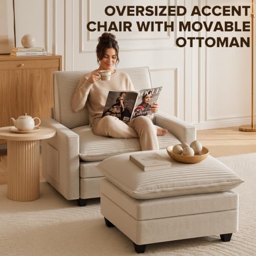 Oversized Accent Chair with Ottoman, 41" Comfy Cloud Single Seat Sofa | Comfy Corduroy Armchair with Throw Pillow & Side Pockets, Modern Reading Chair for Living Room, Bedroom, Apartment