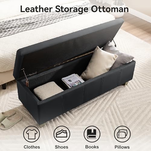 WUTUTUEE 41" Faux Leather Storage Ottoman, Stitch Tufted Rectangle Upholstered End of Bed Storage Bench, Entryway Large Couch Ottoman with Wooden Legs, Dark Black