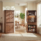 72.2" Tall Kitchen Pantry Cabinet with Doors, Farmhouse Storage Cabinet with Charging Station & LED Light, Drawer, Adjustable Shelves and Pull-Out Shelves, Walnut Wood Pantry Cupboard for Dining Room
