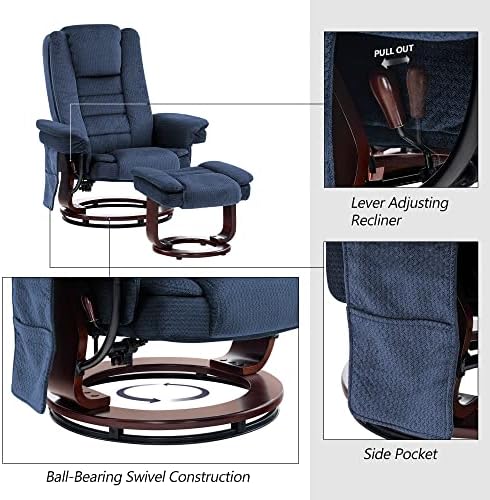 MCombo Swivel Recliner with Ottoman Chair, TV Chair Sets with Vibration Massage, for Small Space Living Room Bedroom 9096 9099 (Textile, Blue)