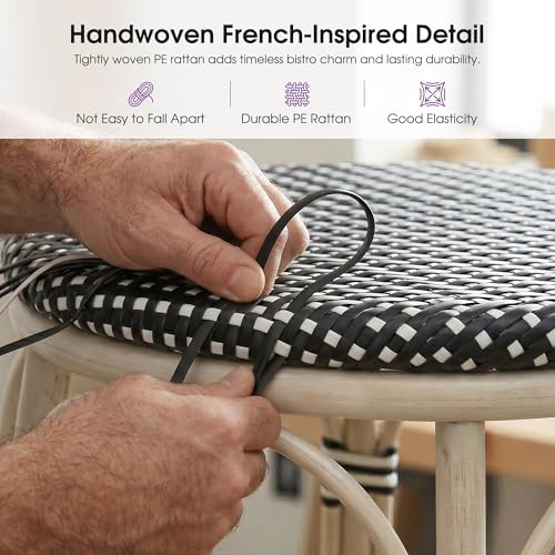 PURPLE LEAF Bar Stools 29" Round French Set of 2 Backless, Black | White Finish, Fade-Resistant Rattan Weave, Weather-Resistant Aluminum, Rustproof, Stackable Design, Wipe-Clean, No Assembly