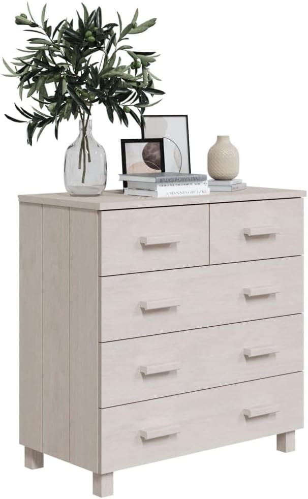 White Sideboard Buffet Cabinet, Solid Pine Wood and MDF Dining Room Credenza with 5 Drawers and Sliding Doors, Modern Accent Storage Cabinet for Living Room and Foyer