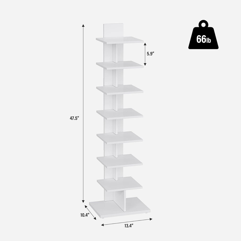 TUTOTAK Narrow Bookshelf, 8-Tier Bookcase, Spine Book Shelf for Small Space, Corner Standing Shelf for Living Room, Office, Study, Entryway, White BS06BW008