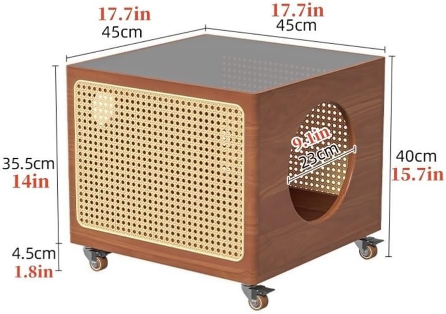 2-in-1 Cat Coffee Table Wood Rattan Side Cabinet with Glass Top Wheels Shared Pet-Human Furniture for Living Room Room Long-Lasting